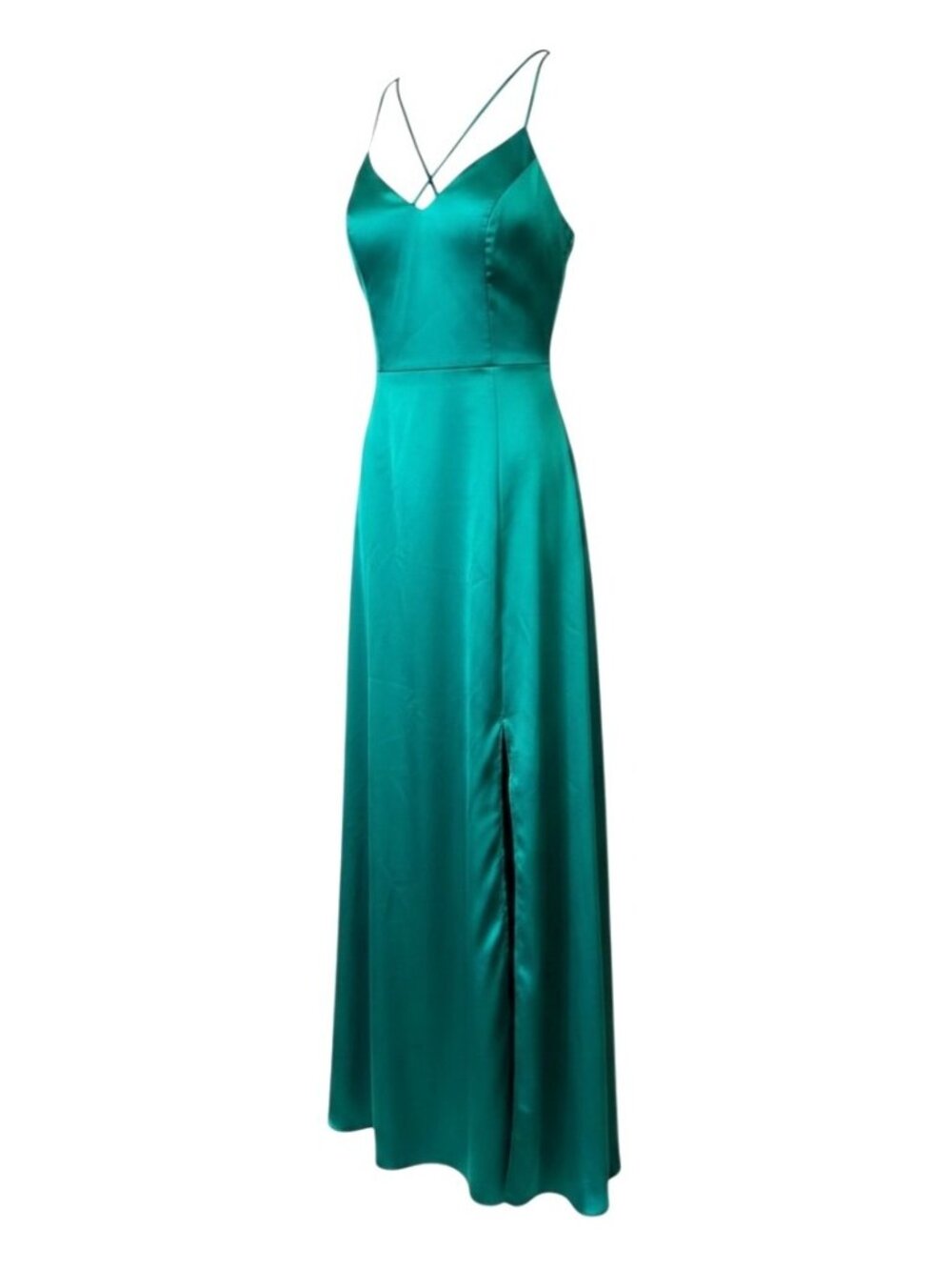 My Michelle Green Satin Strappy Formal Gown With Side Slit Size 9